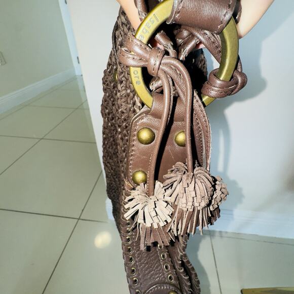 Y2K Isabella Fiore Carina Hobo Dark Brown Knitted Real Leather 16'hx14L Boho Bag - Picture 8 of 14